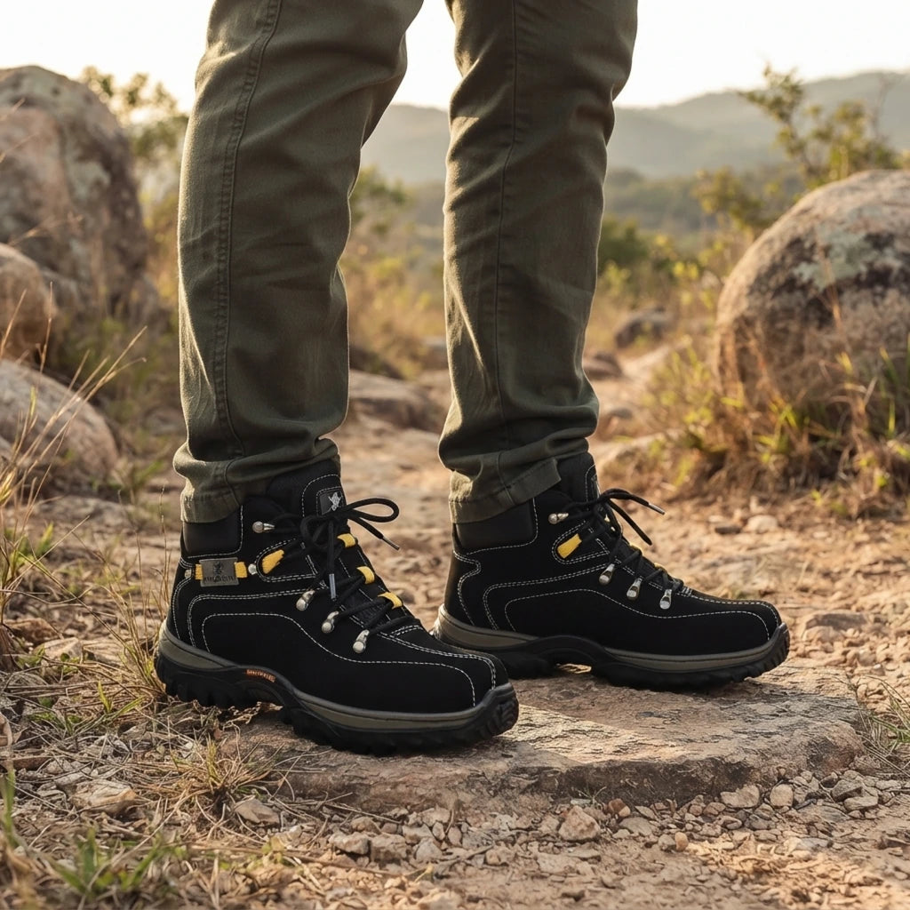 Homem usando bota masculina Adventure cano medio preta em trilha de pedras ao entardecer
