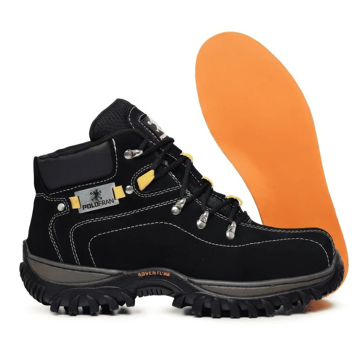 Bota masculina Adventure cano medio preta com palmilha em PU laranja - vista lateral