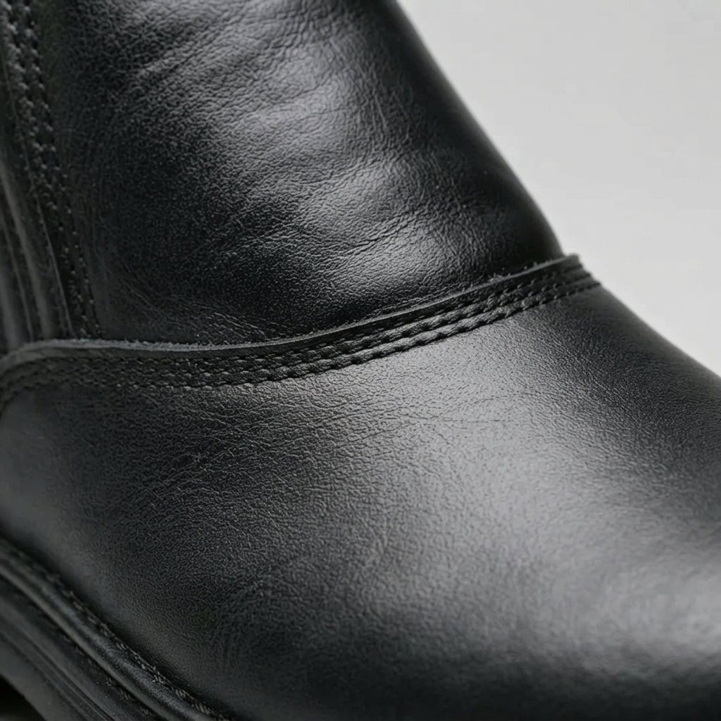 Detalhe do couro legítimo e da costura reforçada da botina de segurança masculina Kurvo Tranco preta